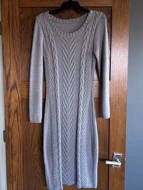 Grey Cable Knit Long Sleeve Sweater Dress - Women